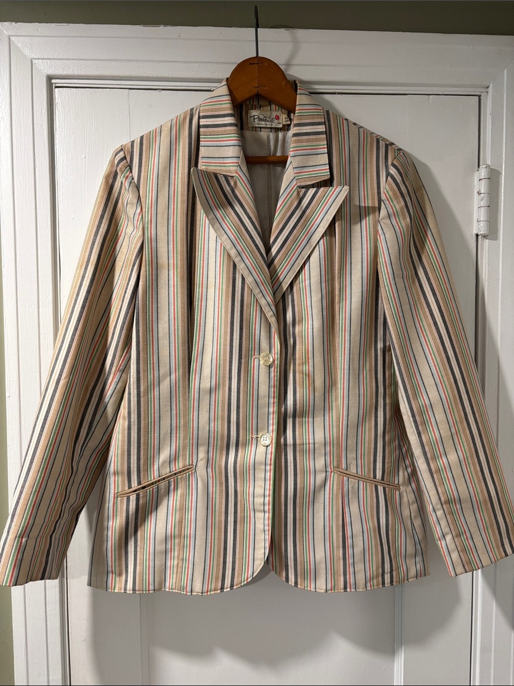 Vintage Leslie Fay Beige Striped Blazer with Multicolor Pinstripes